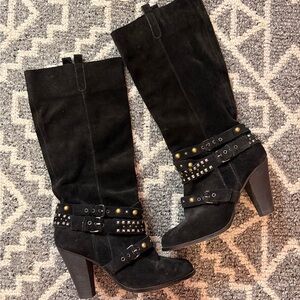 Black Studded Suede Mid-Calf Heeled Boots - Women
